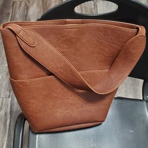 Anthropologie Shoulder Bag Tote Purse, Brown, Faux-Leather, w/ one front Pocket